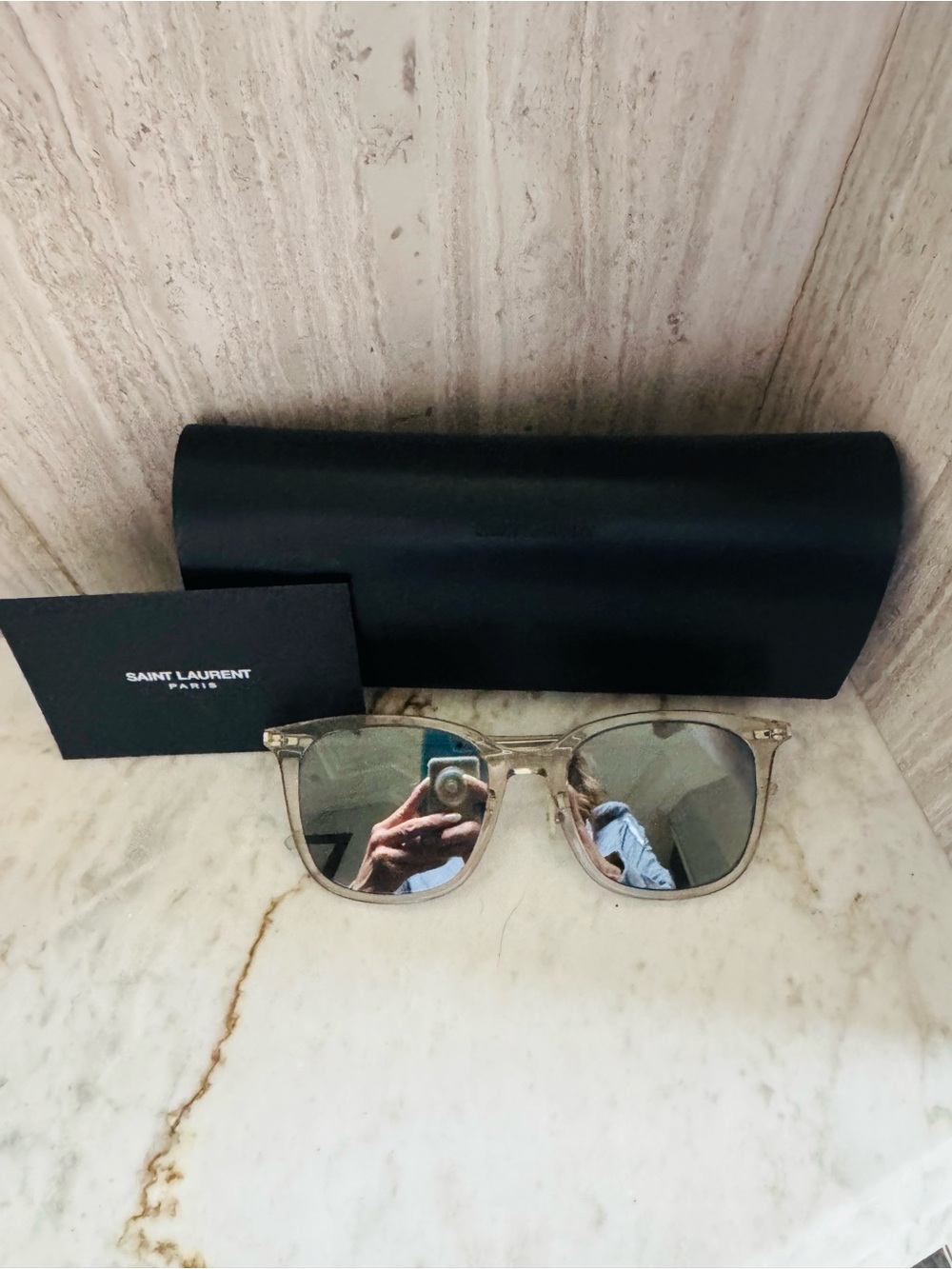 Saint Laurent Clear Frame Sunglasses with Silver Mirrored Lenses
